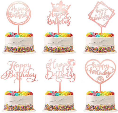 Fissaly ® 6 Stuks Rosé Gouden Happy Birthday Taarttopper & Caketopper Set - Taartversiering - Decoratie Topper