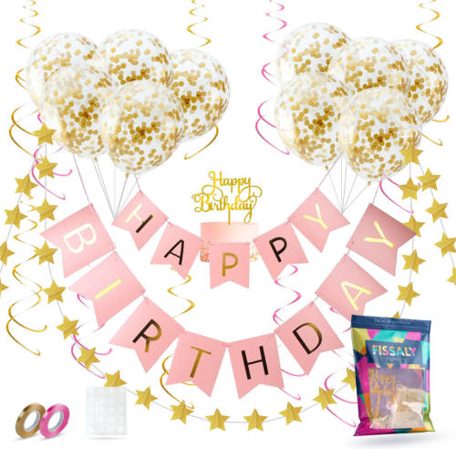 Fissaly ® Verjaardag Slinger Roze & Goud Met Papieren Confetti Ballonnen - Decoratie - Happy Birthday - Letterslinger