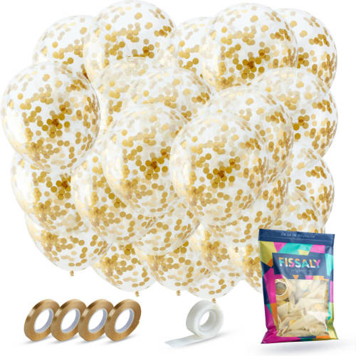 Fissaly ® 40 Stuks Luxe Gouden Papieren Confetti Helium Ballonnen Met Lint - Decoratie - Feest Versiering - Latex