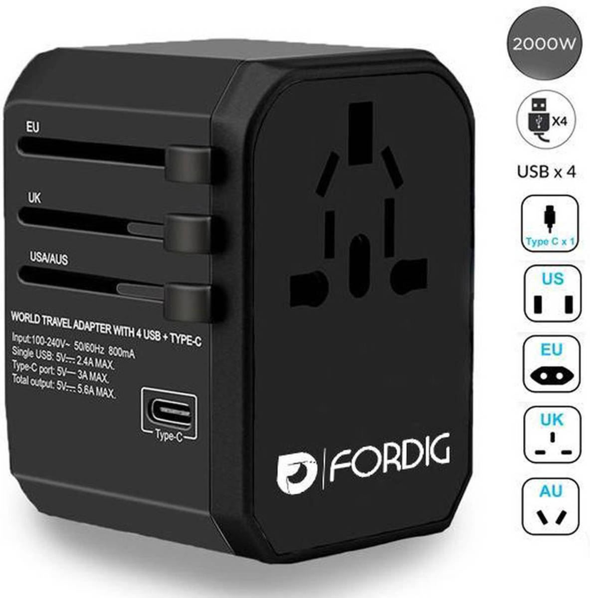 ForDig Universele Wereldstekker Met 4 Usb Poorten