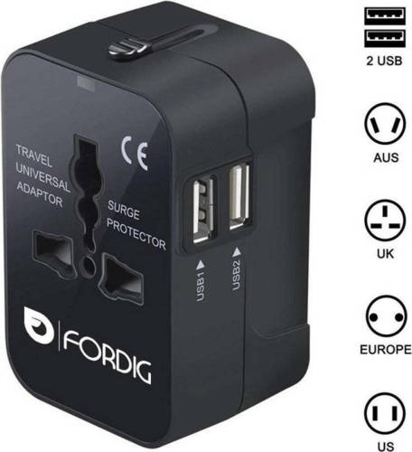ForDig Universele Wereldstekker Met 2 Fast Charge Usb Poorten