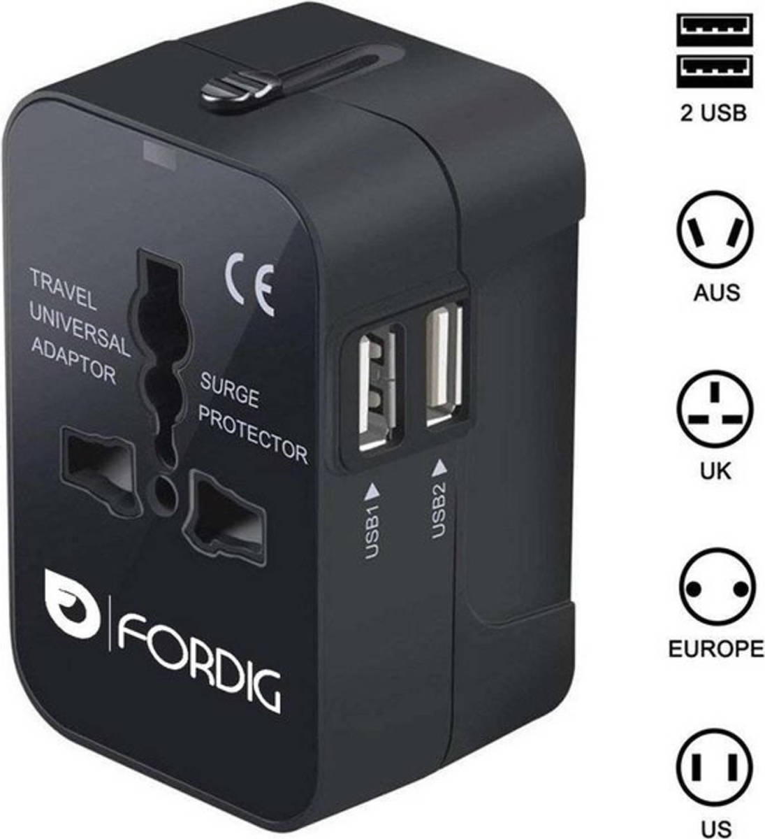 ForDig Universele Wereldstekker Met 2 Fast Charge Usb Poorten
