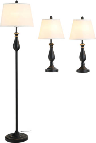 Zenzee Driedelige Set Van 1 Staande Lamp En 2 Tafellampen - Vloerlamp - Stalamp - Tafellamp - Vintage - Klassiek - Zwart
