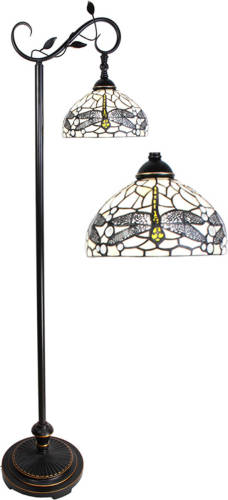 Clayre & Eef Lumilamp Tiffany Vloerlamp 152 Cm Bruin Wit Glas Staande Lamp Glas In Lood Tiffany Lamp Bruin Staande Lamp Glas In Lood