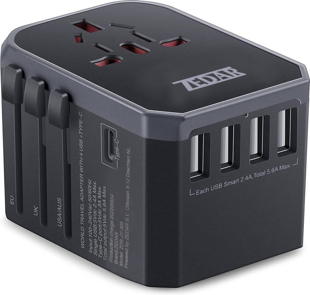 Zedar Universele Wereldstekker Met Usb-c En 4 Usb Poorten - 2000 Watt Internationale Reisstekker Voor 150+ Landen