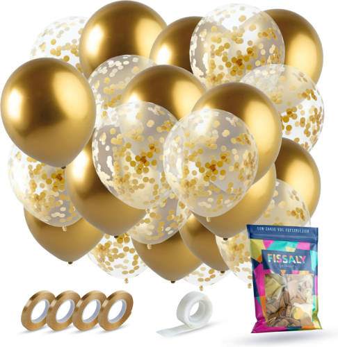 Fissaly ® 40 Stuks Gouden & Confetti Goud Helium Ballonnen Met Lint - Decoratie - Versiering - Papieren Confetti - Latex