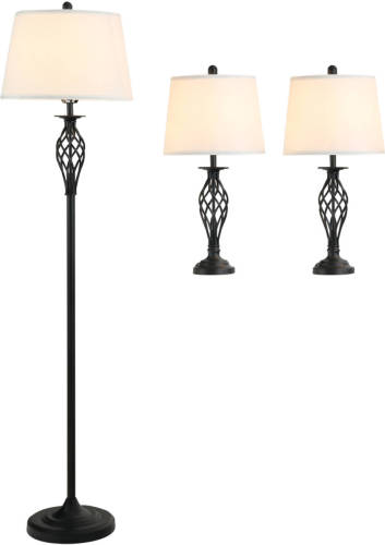 Zenzee Driedelige Set Van 1 Staande Lamp En 2 Tafellampen - Vloerlamp - Stalamp - Tafellamp - Vintage - Klassiek - Zwart/wit