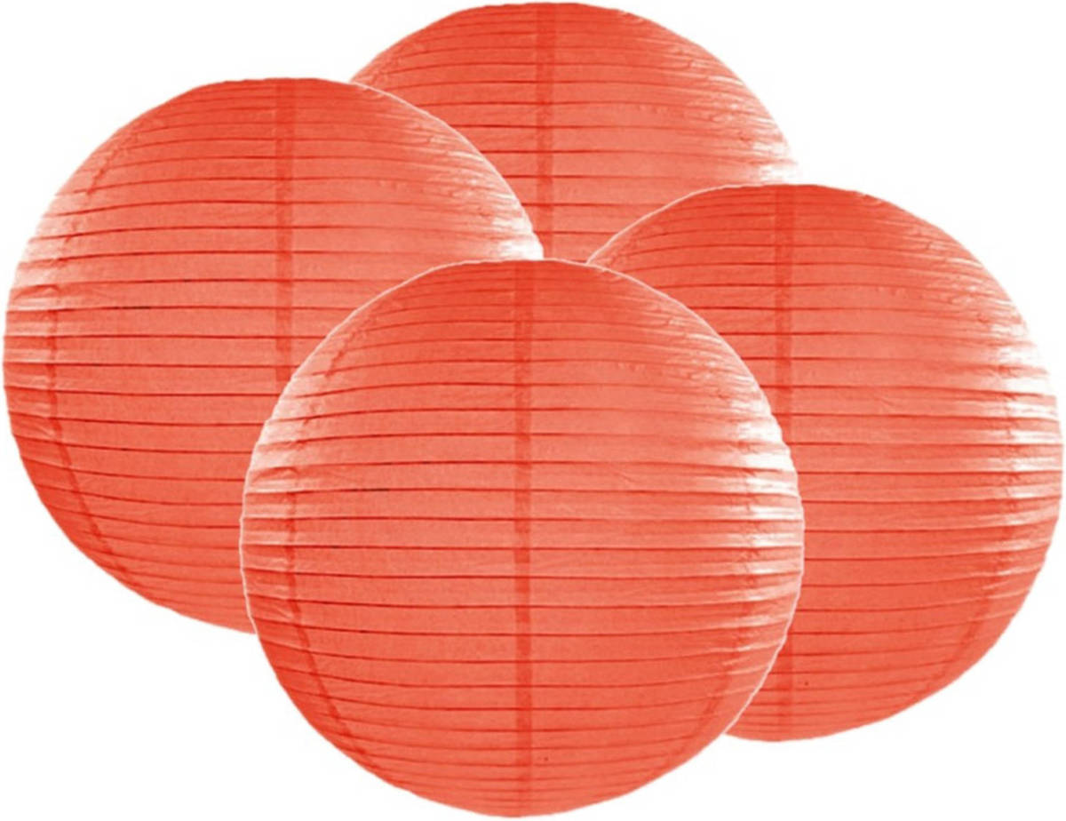 Bellatio Decorations 4x Stuks Luxe Bol Vorm Lampion Oranje 35 Cm - Feestlampionnen