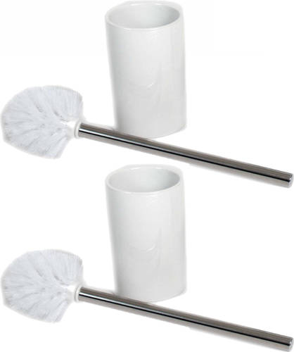 Shoppartners 2x Stuks Wc/toiletborstels Inclusief Houders Wit 37 Cm Van Rvs /Keramiek - Toiletborstels