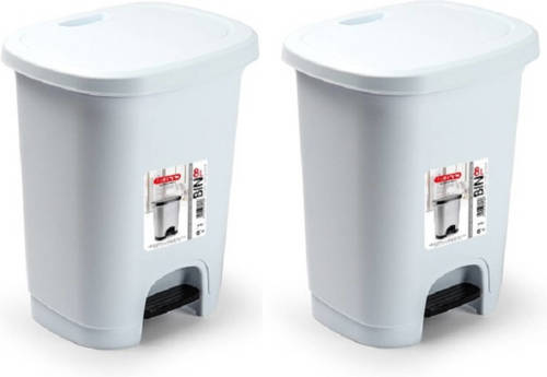 Forte Plastics Set Van 2x Stuks Witte Afvalemmers/vuilnisemmers/pedaalemmers 8 Liter Met Deksel En Pedaal - Prullenbakken