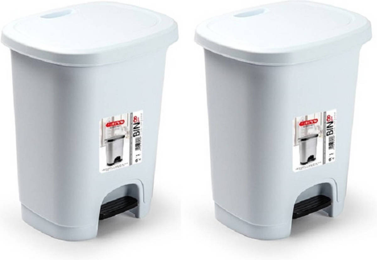 Forte Plastics Set Van 2x Stuks Witte Afvalemmers/vuilnisemmers/pedaalemmers 8 Liter Met Deksel En Pedaal - Prullenbakken