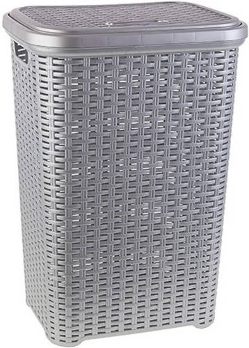 Forte Plastics 2x Stuks Grote Rotan Wasmand Met Deksel Van 60 Liter In Het Zilver Grijs - Wasmanden