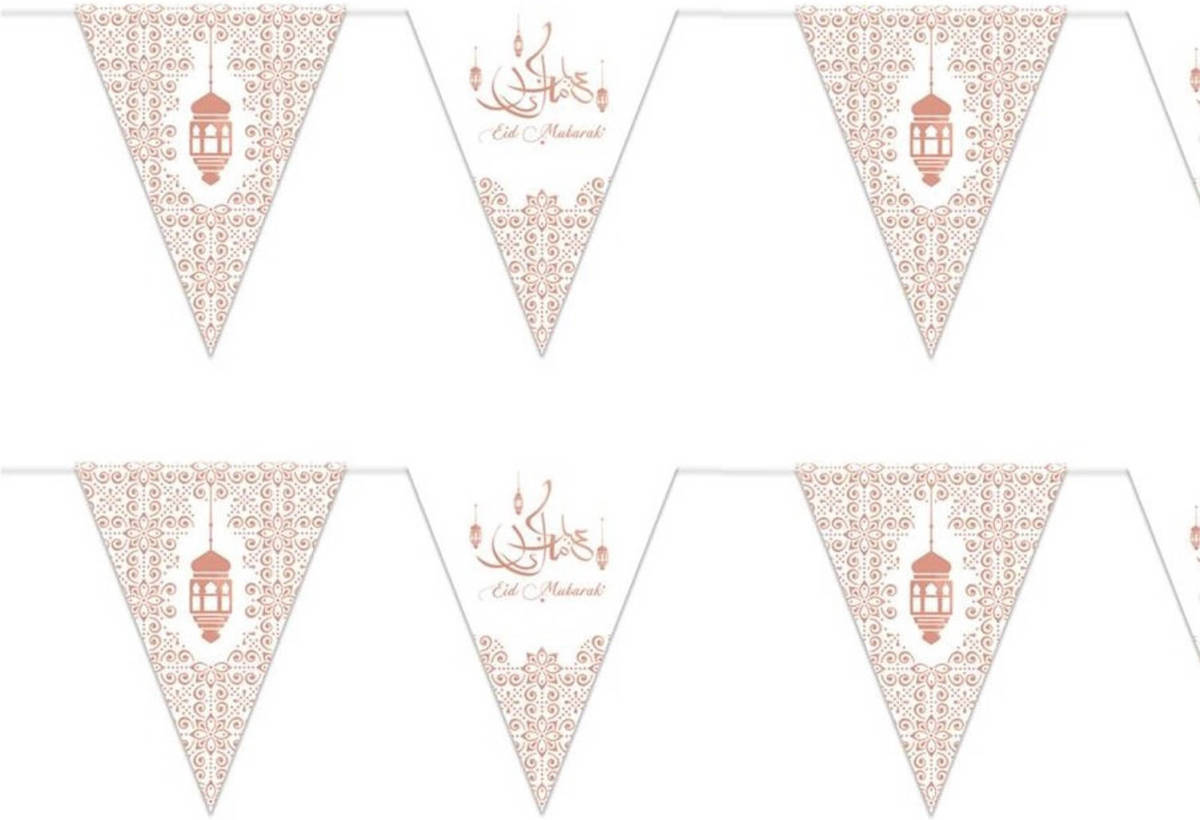 Shoppartners 2x Stuks Suikerfeest/offerfeest Versiering Metallic Vlaggenlijnen Wit/rose Goud 6 Meter - Vlaggenlijnen