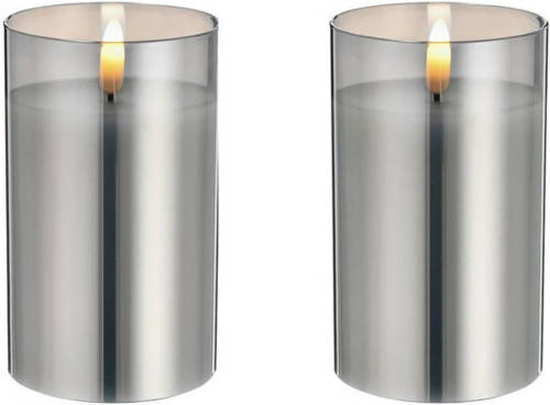 Shoppartners 2x Stuks Luxe Led Kaarsen In Grijs Glas D7,5 X H12,5 Cm Met Timer - Led Kaarsen
