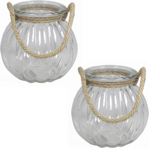 Shoppartners 2x Stuks Glazen Ronde Windlichten 2 Liter Met Touw Hengsel/handvat 14,5 X 14,5 Cm - Vazen