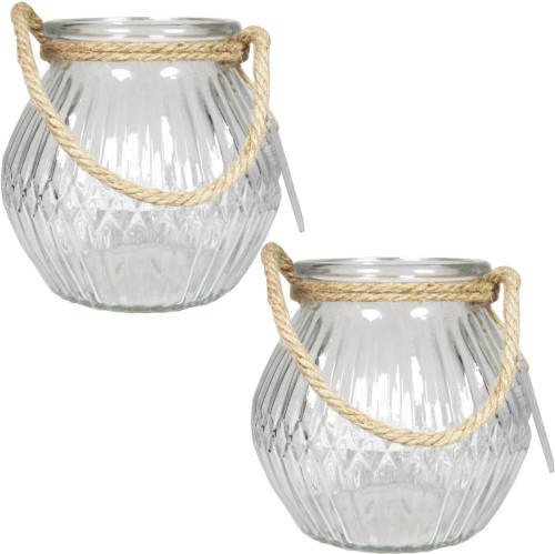 Shoppartners 2x Stuks Glazen Ronde Windlichten Crystal 2,5 Liter Met Touw Hengsel/handvat 16 X 14,5 Cm - Vazen