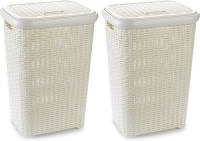 Forte Plastics 2x Stuks Grote Rotan Wasmand Met Deksel Van 60 Liter In Het Ivoor Wit - Wasmanden