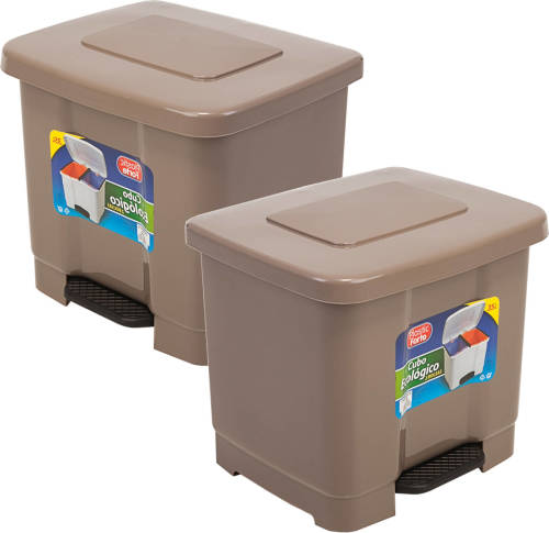 Forte Plastics 2x Stuks Dubbele Afvalemmer/vuilnisemmer Taupe 35 Liter Met Deksel En Pedaal - Prullenbakken