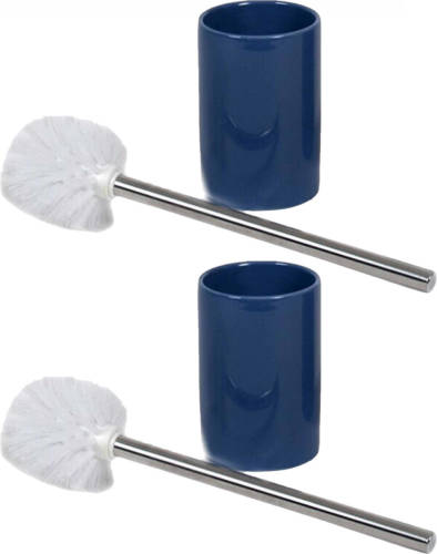 Shoppartners 2x Stuks Wc/toiletborstels Inclusief Houders Blauw/zilver 37 Cm Van Rvs/keramiek - Toiletborstels