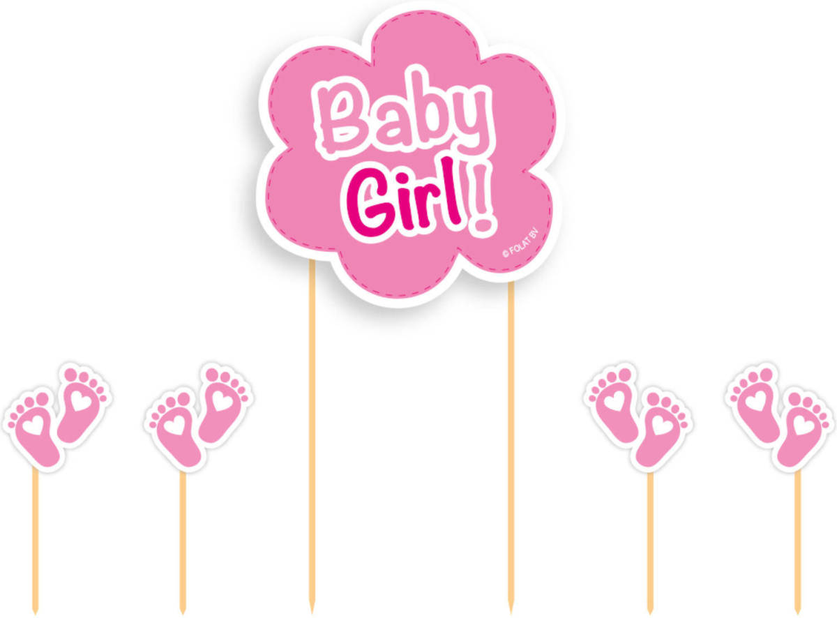 Folat Taarttoppers Geboorte Meisje Karton Roze 5 Stuks
