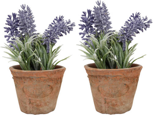 Shoppartners 2x Stuks Kunstplanten Lavendel In Terracotta Pot 15 Cm - Kunstplanten