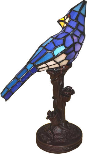 Clayre & Eef Lumilamp Tiffany Tafellamp Vogel 15*12*33 Cm Blauw Glas Kunststof Tiffany Bureaulamp Tiffany Lampen Glas In Lood Blauw