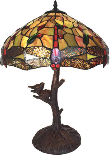 Clayre & Eef Lumilamp Tiffany Tafellamp Ø 41*57 Cm Geel Kunststof Glas Tiffany Bureaulamp Tiffany Lampen Glas In Lood Geel Tiffany