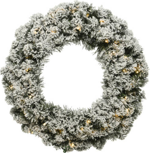 Decoris Kerstkrans/dennenkrans Groen Met Sneeuw En Warm Witte Verlichting Met Timer 35 Cm - Kerstkransen