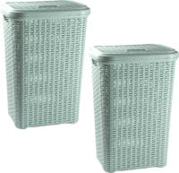 Forte Plastics 2x Stuks Grote Rotan Wasmand Met Deksel Van 60 Liter In Het Lichtgroen - Wasmanden