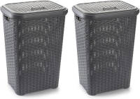Forte Plastics 2x Stuks Grote Rotan Wasmand Met Deksel Van 60 Liter In Het Lichtgrijs - Wasmanden