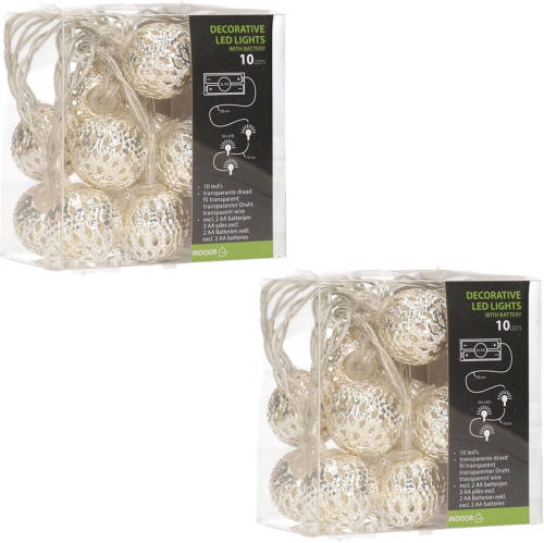 Lumineo 2x Stuks Zilveren Kerstballen Slingers Met Witte Led Verlichting - Lichtsnoeren