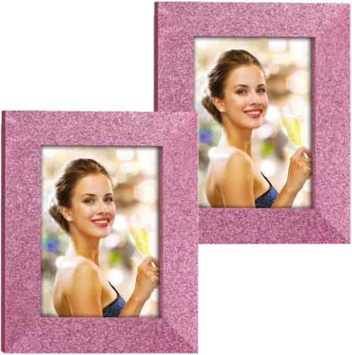 Shoppartners 2x Stuks Houten Fotolijstje Roze Met Glitters Geschikt Voor Een Foto Van 20 X 30 Cm - Fotolijsten