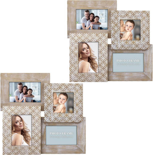 Shoppartners 2x Stuks Multi Fotolijst Hout Naturel/wit Vintage Met 4 Lijstjes Geschikt Voor Diverse Maten Foto - Fotolijsten