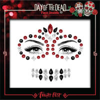 Paint glow Rode/zwarte Dias De Los Muertos Sugar Skul/schedel Oog Make-up Strass Steentjes Voor Volwassenen - Schmink