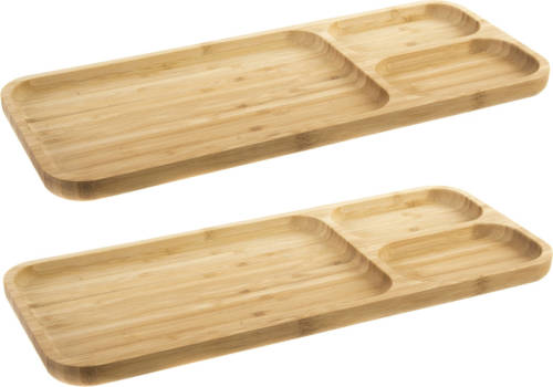 Shoppartners Set Van 2x Stuks Bamboe Houten 3-vaks Serveerplank/serveerbord 39 X 16 X 2 Cm - Dienbladen