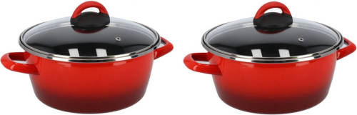Shoppartners Set Van 2x Stuks Rvs Rode Kookpan/pan Met Glazen Deksel 24 Cm 8 Liter - Kookpannen