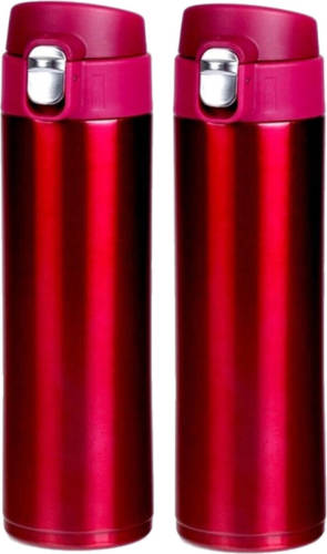 Shoppartners 2x Stuks Rvs Thermosflessen / Isoleerflessen Voor Onderweg 450 Ml Fuchsia Roze - Thermosflessen