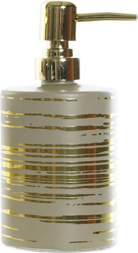 Shoppartners Zeeppompje/zeepdispenser Beige Met Gouden Strepen Van Glas 450 Ml - Zeeppompjes