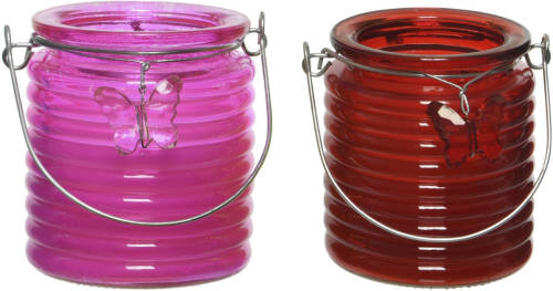 Decoris Set Van 2x Stuks Citronella Anti Muggen Kaarsen Windlicht Roze En Rood 20 Branduren - Geurkaarsen