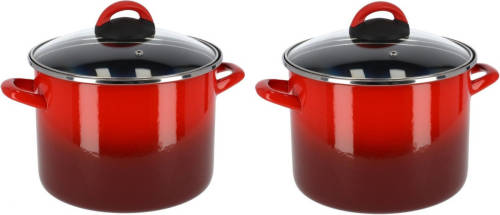 Shoppartners Set Van 2x Stuks Rvs Rode Kookpan/pan Met Glazen Deksel 22 Cm 9 Liter - Kookpannen
