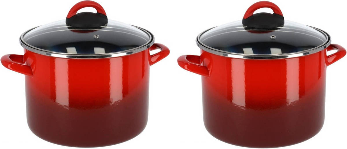 Shoppartners Set Van 2x Stuks Rvs Rode Kookpan/pan Met Glazen Deksel 22 Cm 9 Liter - Kookpannen