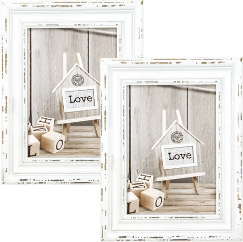 Shoppartners 2x Stuks Houten Fotolijst Vintage Wit Met Metalen Ophangketting Geschikt Voor Een Foto Van 13x18 Cm - Fotolijsten