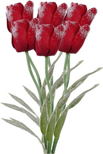 Shoppartners Bosje Rode Kunst Tulpen / Kunstbloemen Met Dauwdruppels 65 Cm - 6 Stuks - Luxe Namaak Bloemen Boeket