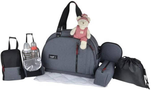 Cstore Baby Aan Boord - Luiertasje Baby-weekje Rook-baby Reistas - Grijs Heide Details Bordeaux Leer En Zwarte Grote Tas