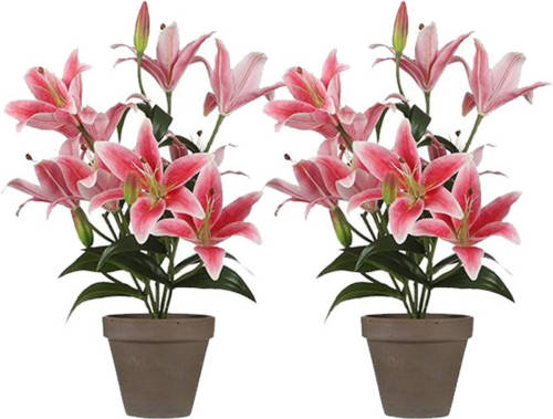 Shoppartners 2x Fuchsia Roze Tigerlily/tijgerlelie Kunstplant 47 Cm In Grijze Plastic Pot - Kunstplanten/nepplanten