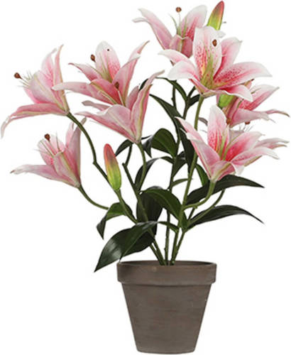 Bellatio Design Roze Tigerlily/tijgerlelie Kunstplant 47 Cm Grijze Pot - Kunstplanten