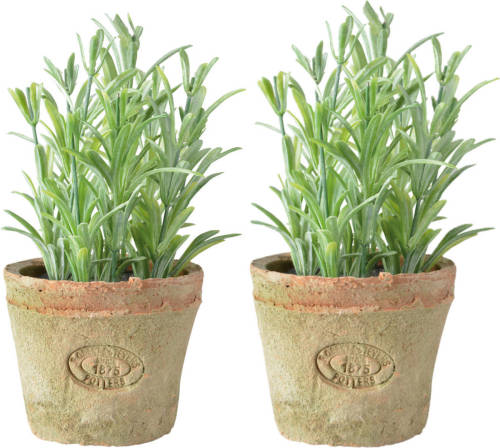 Shoppartners 2x Stuks Kunstplanten Rozemarijn Kruiden In Terracotta Pot 16 Cm - Kunstplanten