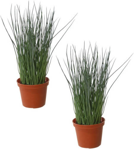 Shoppartners Set Van 2x Stuks Groene Grasplant Pennisetum Kunstplanten In Bruine Kunststof Pot 29 Cm - Kunstplanten