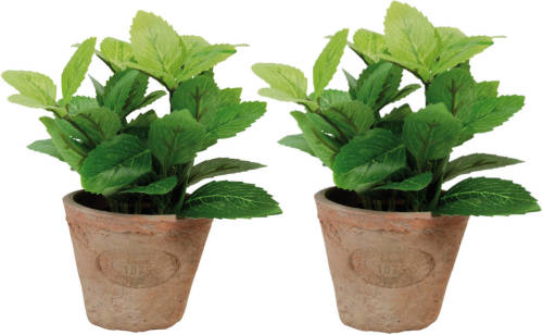 Shoppartners 2x Stuks Kunstplanten Muntkruiden In Terracotta Pot 16 Cm - Kunstplanten