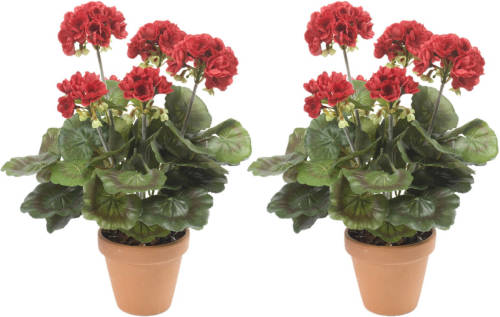 Shoppartners Set Van 2x Stuks Kunstbloemen Rode Geranium Kunstplant 35 Cm - Kunstplanten